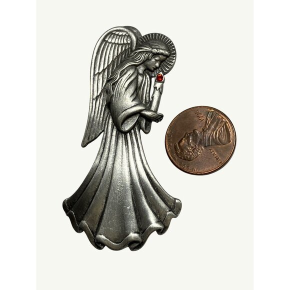 Angel Brooch Pin By JJ With Red Gem Accent In Pewter Silver Tone Finish - Picture 4 of 7